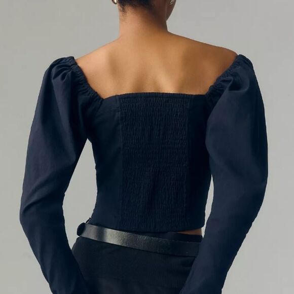 Maeve by Anthropologie Wynne Square Neck Blouse. Navy. Shirred Back Top. - Picture 7 of 13